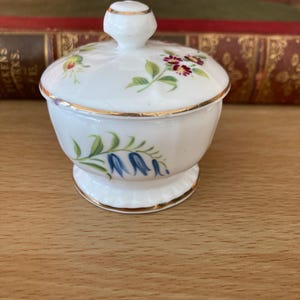 May include: A small, white porcelain sugar bowl with a lid. The bowl has a gold rim and is decorated with floral patterns in red, green, and blue. The lid has a small, rounded handle. The bowl sits on a pedestal base.