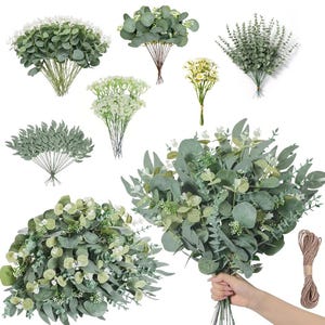 Könnte beinhalten: Verschiedene Sträuße aus künstlichem Grün, darunter Eukalyptus und kleine weiße Blüten. Die Bündel variieren in Größe und Blattform, mit einer natürlichen Grün- und Weißpalette. Eine Rolle Bindfaden ist ebenfalls zu sehen.