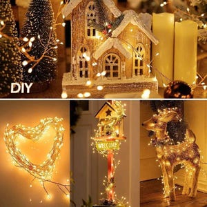 May include: A selection of illuminated decorations, featuring a heart-shaped light, a miniature house, a deer, and a birdhouse with the word "WELCOME". The objects are decorated with warm white fairy lights, creating a festive atmosphere. The word "DIY" is also visible.