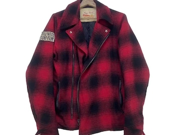 Hollywood Surf Film Spike Punk Check Plaid Tartan Double Collar Biker Wool Jacket