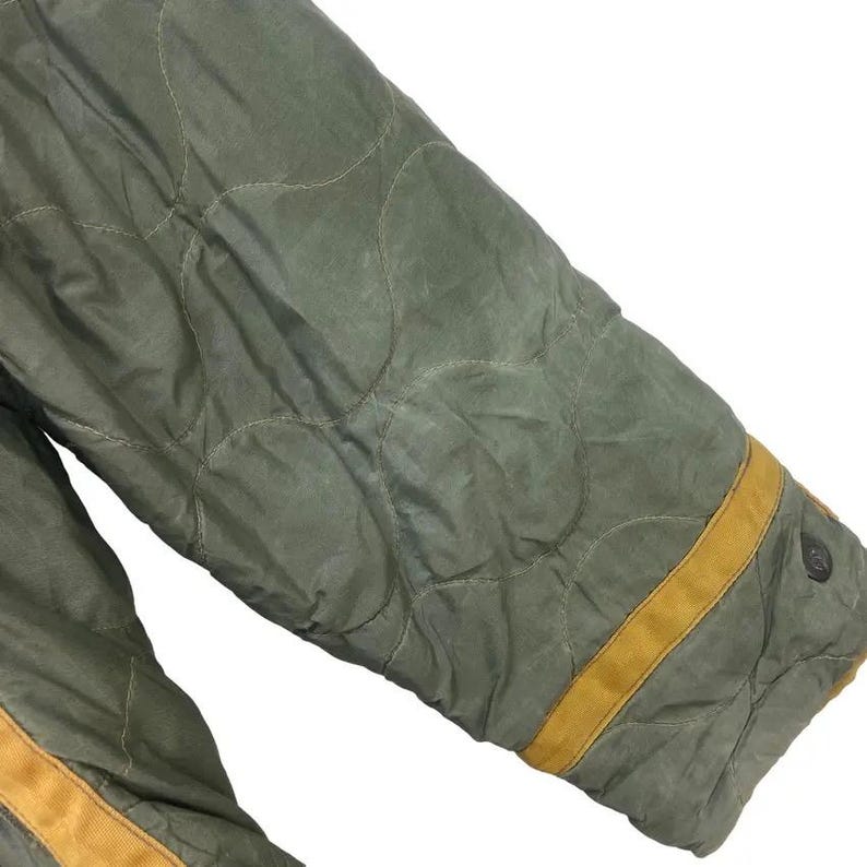 Op de afbeelding: Close-up van een gewatteerde olijfgroene jasmouw met een mosterdgele streepdetail. De mouw heeft een knoopsluiting en een ruitpatroon. De jas lijkt gemaakt van een duurzame, mogelijk militaire stof.