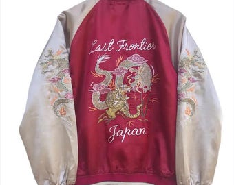 Recuerdo tradicional japonés Sukajan de la última frontera de dragón y tigre vintage