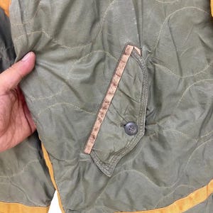 Op de afbeelding: Close-up van een gewatteerde olijfgroene jas met een bruine zak en een knoopsluiting. De jas heeft een golvend stikselpatroon en is afgewerkt met een geel-oranje rand.