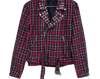 Japans merk stijlvol gothic punk jack met spikes geruit geruite tartan dubbele kraag