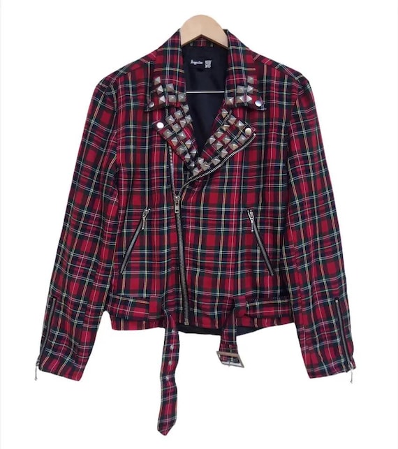 Japanese Brand Stylish Gothic Punk Spike Check Plaid Tartan Double 