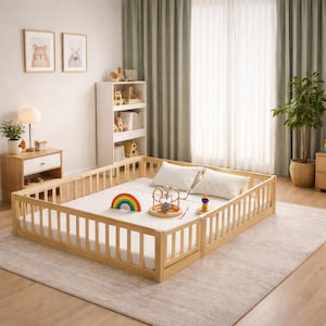May include: A natural wood-framed toddler bed with a white mattress and low side rails. The bed is in a bright room with a rug, curtains, and a small nightstand. A rainbow toy and other toys are on the bed.