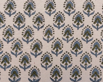 May include: Close-up of a fabric with a repeating floral pattern. The design features stylized flowers in shades of blue and olive green against a cream-colored background. The fabric has a textured appearance.