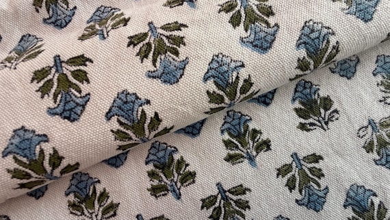 Blue Green Block Print Fabric Cotton Fabric by the Yard | Hand Block Printed Curtain & Upholstery Fabric | Floral Indian Fabric for Home