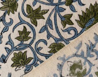 May include: Close-up of a fabric with a floral pattern. The design features green and blue floral elements on a cream-colored background. The fabric is folded diagonally, revealing the pattern.