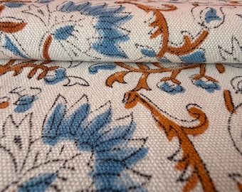 Hand Block Printed Thick Cotton Canvas Fabric, Floral Upholstery Textile for Sofa Cover, Heavyweight Indian Canvas for Pillow, Yardage