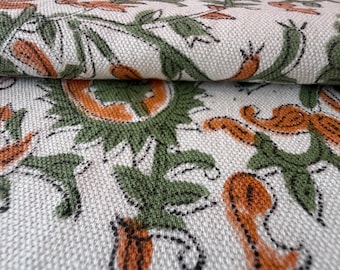 Groen oranje katoenen stof met handblokprint op maat gesneden, Indiase bloemenprint bekledingsstof voor gordijnen, kussens, kussens en beddengoed