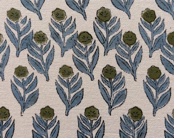 Green Blue Floral Block Print Cotton Canvas Fabric by the Yard | Indian Hand Block Printed Textile for Tote Bags, Upholstery & Home Decor