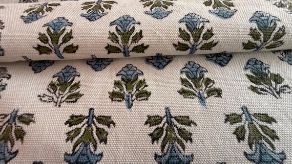 Blue Green Block Print Fabric Cotton Fabric by the Yard | Hand Block Printed Curtain & Upholstery Fabric | Floral Indian Fabric for Home