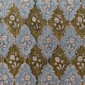 Puede incluir: Primer plano de una tela con un patrón floral repetido. El diseño presenta formas de rombos verde oliva y azul claro, cada una con racimos florales blancos. La tela tiene un aspecto texturizado y un diseño detallado.