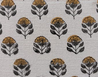 Gray Yellow Hand Block Print Cotton Fabric 58″ Wide | Farmhouse Curtains Duck Canvas Fabric for Pillows Cushions Upholstery Home Decor