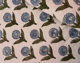 Tela estampada floral azul cortada a medida, tela de algodón estampada a mano india, tela para tapicería, tela para cortinas, textil para decoración del hogar