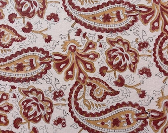 Bruingele traditionele katoenen stof met blokprint | Handbedrukt Indiaas canvaskatoen | Bekledings-, gordijnen- en kussenstof op maat gesneden