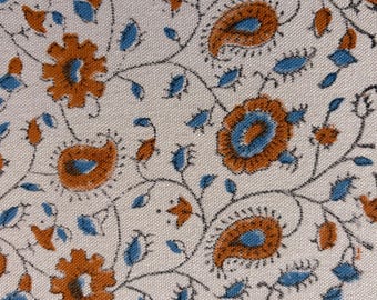 Blue Thick Cotton Canvas Fabric By Yard, Heavyweight Floral Upholstery Textile for Cushion, Indian Block Print Canvas for Curtains, Handmade