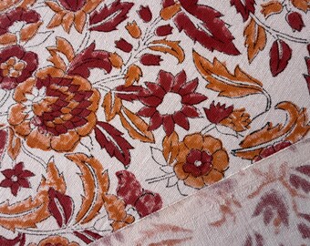 Brown Orange Boho Floral Jaal Block Print Cotton Fabric | Indian All-Over Floral Textile by the Yard for Sewing ,Curtains Upholstery Fabrics