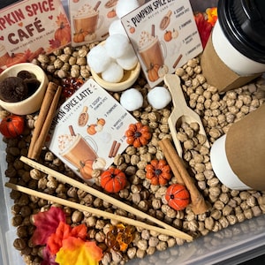 May include: A sensory bin filled with dried chickpeas, featuring miniature pumpkin spice latte recipe cards, small orange pumpkin figurines, white pom-poms, wooden scoops, cinnamon sticks, two paper coffee cups, and colorful artificial autumn leaves.