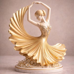 Könnte beinhalten: Goldene Statue einer tanzenden Frau mit erhobenen Armen. Die Frau trägt ein fließendes goldenes Kleid mit glitzernden Verzierungen. Die Statue steht auf einem Marmorsockel mit floralen Akzenten und schafft eine elegante und anmutige Ästhetik.