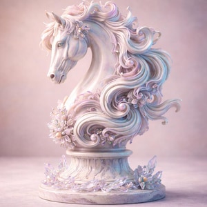 May include: A white horse chess piece with intricate floral and pearl embellishments. The sculpture features a flowing mane and tail, with a pearlescent finish. The base is adorned with delicate crystal-like accents, creating a fantasy theme.