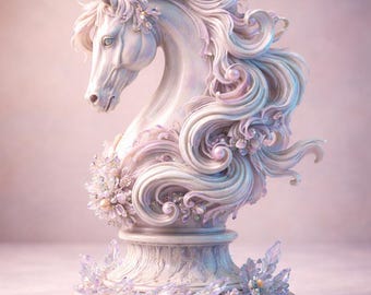 May include: A white horse chess piece with intricate floral and pearl embellishments. The sculpture features a flowing mane and tail, with a pearlescent finish. The base is adorned with delicate crystal-like accents, creating a fantasy theme.