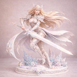 Può includere: Statuetta dettagliata di una guerriera in armatura bianca, con una grande spada. La figura ha lunghi capelli biondi ed è posata dinamicamente. La base presenta formazioni cristalline e dettagli intricati, con un morbido sfondo rosa.