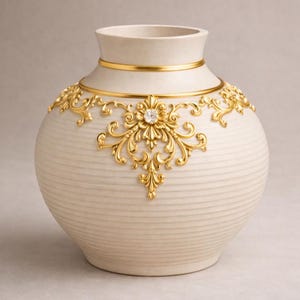 May include: Cream-colored ceramic vase with horizontal textured lines. The vase features gold-colored ornate floral designs and a gold band around the neck. A sparkling gem is set in the center of the floral design.