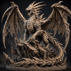 May include: A detailed brown dragon figurine standing on a jagged rock formation. The dragon has large, tattered wings, sharp scales, and a long, spiked tail. It is posed with its mouth open, revealing teeth, and its claws are gripping the stone.