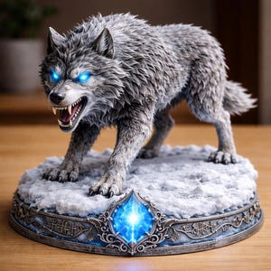 Könnte beinhalten: Detaillierte Figur eines grauen Wolfes mit leuchtend blauen Augen und gefletschten Zähnen. Der Wolf steht auf einem schneebedeckten Sockel mit dekorativem Rand und einem zentralen blauen Edelstein. Sehr detaillierte Skulptur.
