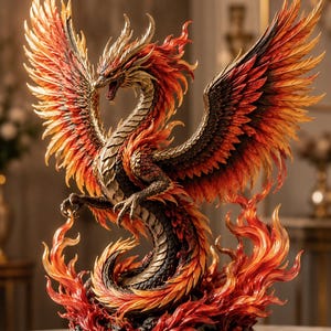 May include: A detailed dragon figurine with expansive wings featuring a gradient of red, orange, and gold feathers. The creature has a scaled body, sharp talons, and an open mouth, standing atop a circular black base surrounded by sculpted flames.