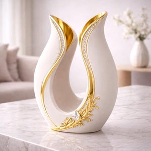 May include: A white ceramic vase with a unique, open design. The vase features gold accents along the edges and a decorative gold leaf and crystal embellishment. The interior is gold, and the vase is on a marble surface.