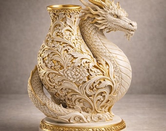 Jarrón Dragón STL / Jarrón de flores de dragón de lujo, modelo 3D / Escultura floral real de dragón STL / Decoración fantástica para el hogar STL