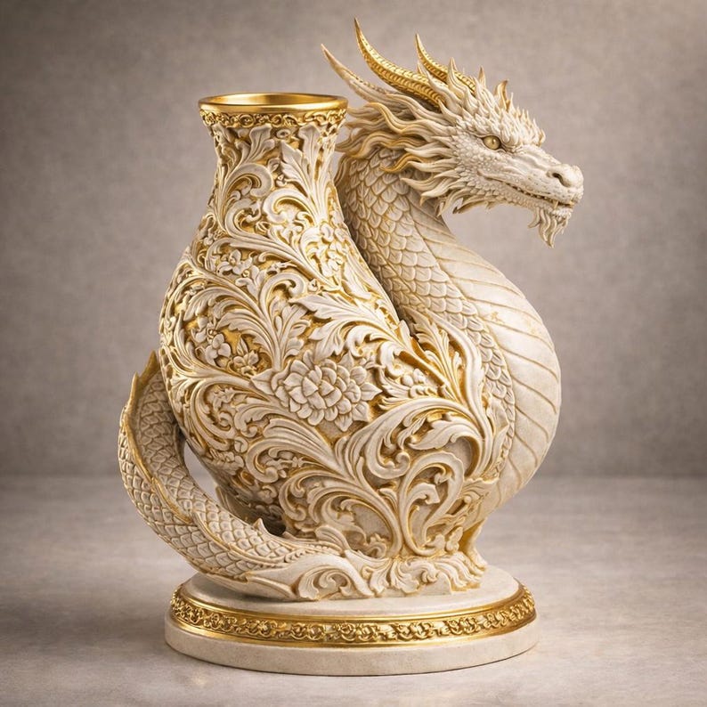 Peut inclure: Un vase d&eacute;coratif avec un dragon blanc enroul&eacute; autour d'un vase &agrave; motifs floraux. Le vase a des accents dor&eacute;s et un design d&eacute;taill&eacute;. Le dragon a un visage et des &eacute;cailles d&eacute;taill&eacute;s. La base du vase est &eacute;galement dor&eacute;e.