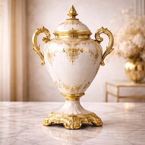 Könnte beinhalten: Eine weiße Porzellanurne mit goldenem Deckel, Griffen und Sockel. Die Urne ist mit goldenen floralen Mustern verziert. Der Sockel hat ein verziertes Design. Die Urne ist ein dekorativer Einrichtungsgegenstand.