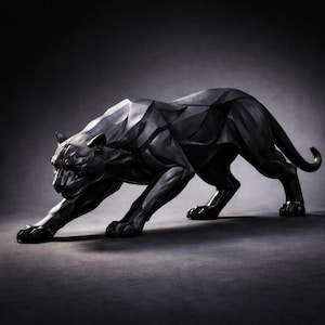 May include: A black panther sculpture in a stalking pose. The sculpture has a geometric, faceted design, with sharp angles and planes. The panther is depicted with its front paws extended, ready to pounce, and its tail curled.