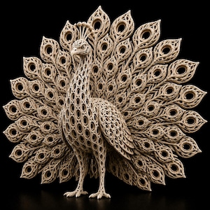 May include: A beige peacock sculpture featuring an intricate, openwork lattice design throughout its body and fully fanned tail feathers. The structure is composed of repeating circular and teardrop-shaped patterns, creating a detailed, airy texture.