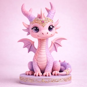 Può includere: Statuina di drago seduto, nei toni del rosa e del viola. Il drago ha una corona dorata, grandi occhi e ali dettagliate. È posizionato su una base rotonda con decorazioni dorate, creando un oggetto decorativo a tema fantasy.