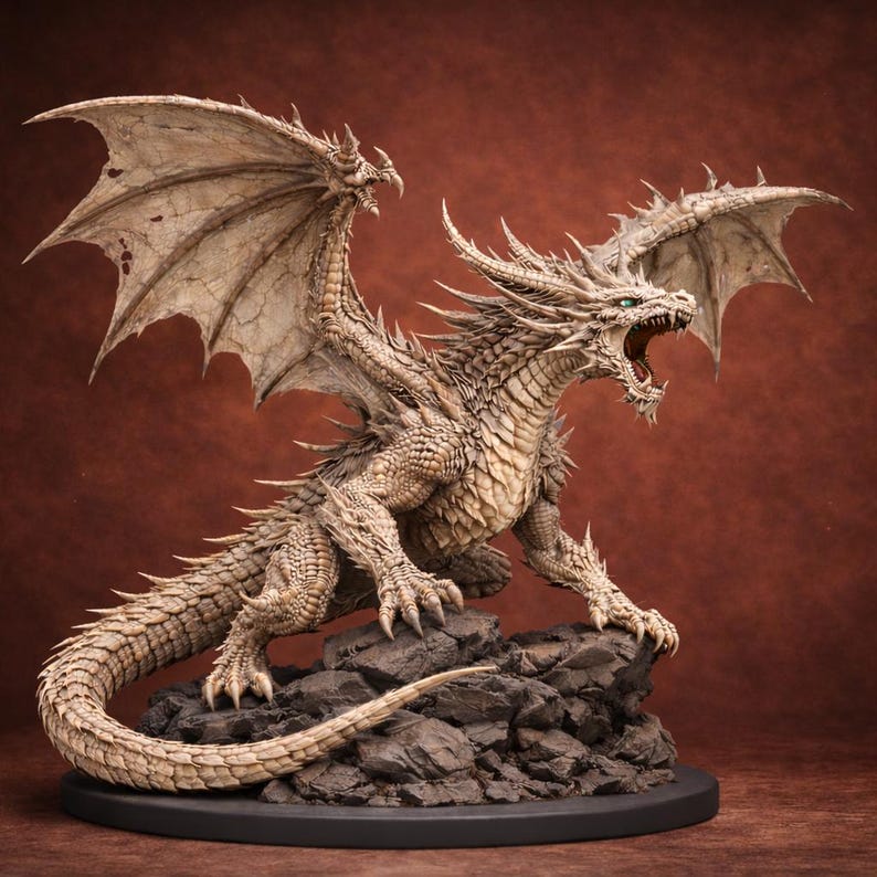 Epic Fantasy Dragon Statue STL File | Detailed Winged Dragon Figure | Mythical Creature Sculpture | 3D Printable Digital Download image 1