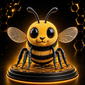 May include: A fuzzy yellow and black bee figurine with large black eyes and translucent wings, standing on a circular base featuring a raised hexagonal honeycomb pattern. The bee has two antennae and six black legs resting on the textured surface.