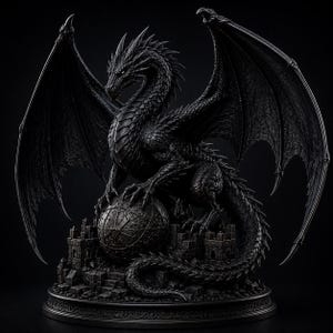 Peut inclure: Une figurine de dragon noir détaillée avec de grandes ailes déployées, perchée sur une structure de château en pierre miniature tout en serrant une grande sphère texturée avec ses griffes. La sculpture présente des textures d'écailles et de maçonnerie.