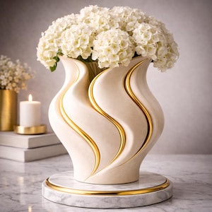 Luxury White Gold Vase with Hydrangea, Modern Sculptural Flower Vase, Elegant Home Decor Centerpiece