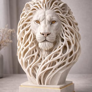 Pode incluir: Escultura detalhada da cabeça de um leão, esculpida em material branco cremoso. A juba do leão apresenta um design intrincado e vazado. A escultura assenta sobre uma base retangular com acabamento dourado, mostrando o tema régio.
