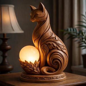 May include: A wooden cat-shaped lamp with intricate carvings and a warm, glowing orb. The lamp features detailed floral and leaf patterns, creating a decorative and artistic lighting fixture. The cat is seated, with its head turned to the side.