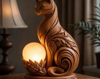 Wooden Cat Statue Decor | Elegant Cat Figurine | Handcrafted Style Cat Sculpture | Tabletop Home Decor | Cat Lover Gift