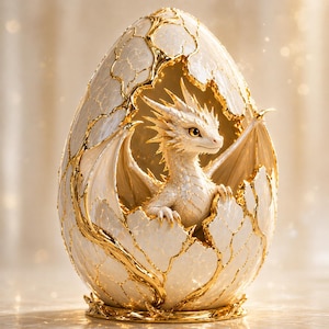 May include: A white and gold decorative egg sculpture featuring a small, detailed white dragon emerging from a cracked shell. The egg has a textured, pearlescent surface with intricate gold veins tracing the cracks and edges of the shell.