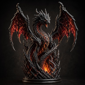 May include: A detailed sculpture of a dragon with black scales and fiery red accents. The dragon has large, spread wings and is posed with an open mouth. The sculpture is set on a dark, circular base, with a dark background.