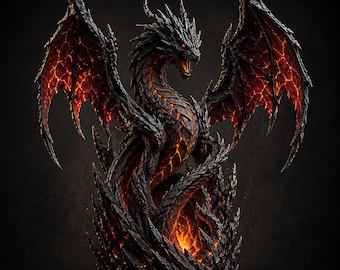 Dragón de Fuego STL, Estatua de Dragón de Lava, Impresión 3D de Dragón de Fantasía, Figura de Dragón Oscuro, Modelo de Dragón de DnD STL