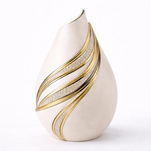 May include: A pear-shaped, off-white ceramic vase with a curved opening. Gold-colored, wavy bands with embedded sparkling crystals adorn the front. The vase has a modern, elegant design, suitable for home decor.